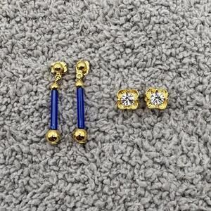 Vintage Avon Pierced Earrings Lot Gold Tone Blue Bar Drops & Crystal Studs
